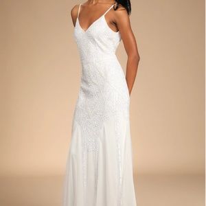 Just the Beginning White Beaded Sequin Mermaid Maxi Dress - Size Large - White
